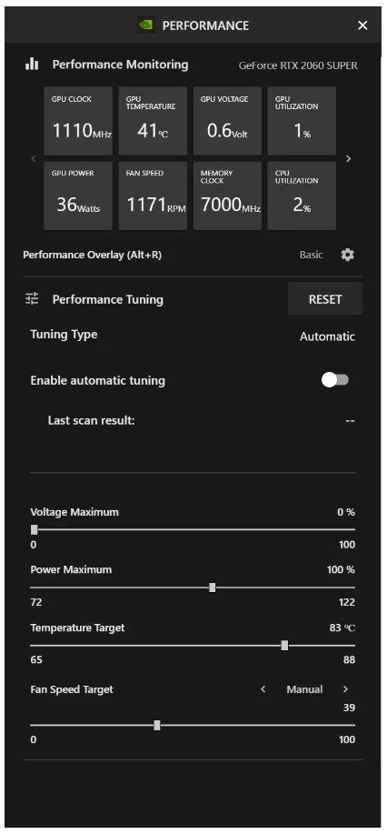 GeForce Experience hardware and temperature monitor